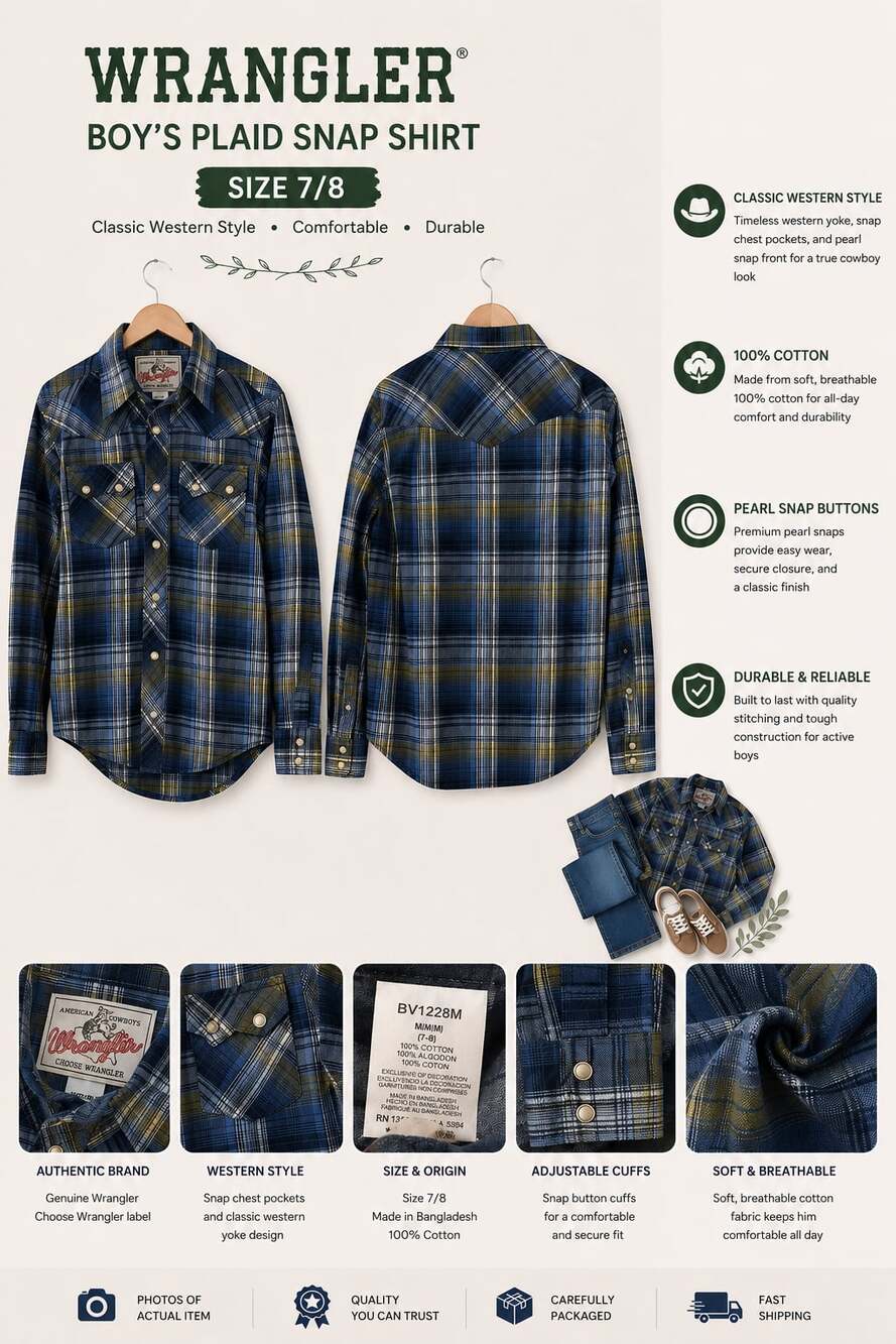 Wrangler Boy's Plaid Snap Western Shirt Size 7/8